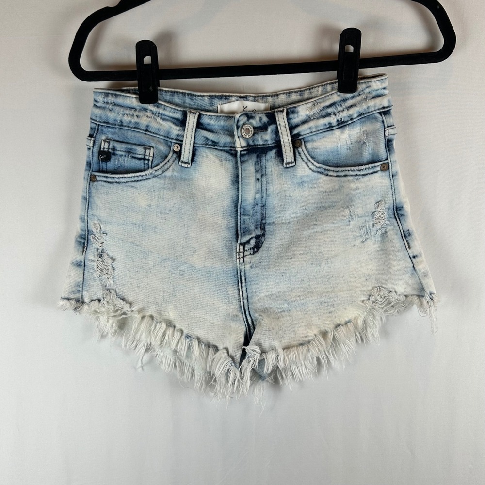Kancan Womens Denim Shorts Acid Wash Frayed Hem‎ Distressed Blue Size M - Picture 3 of 12